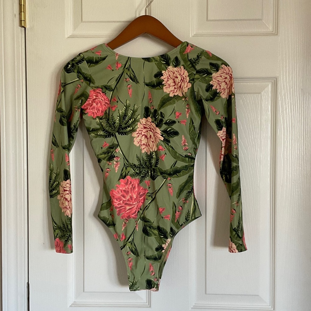 Agua Bendita Green and Pink Floral Swim Bodysuit